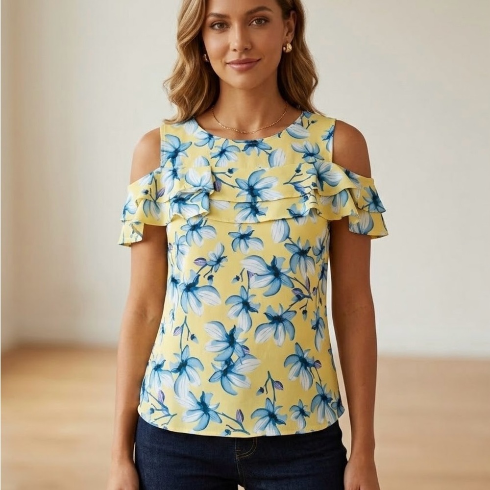 NEW Yellow/Blue Floral Cold Shoulder Ruffled Blouse
